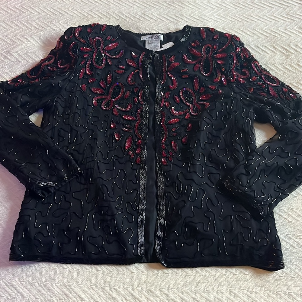 Vintage Beaded Jacket Sequins Black Red  Valentine Medium NWT